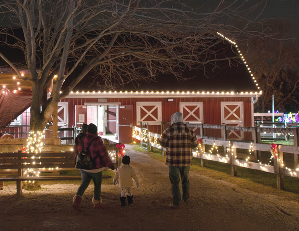 a group of people walking on a dirt path with lights on the side