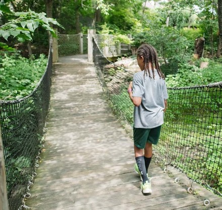 a child walking on a bridge