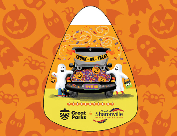 a candy corn with a candy truck and ghosts