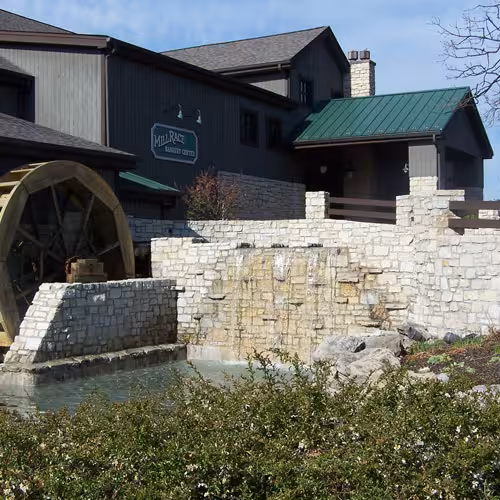 a water wheel in front of a building