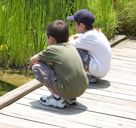 two boys sitting on a wooden bridge