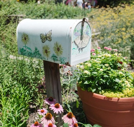 a mailbox with flowers and plants in a garden